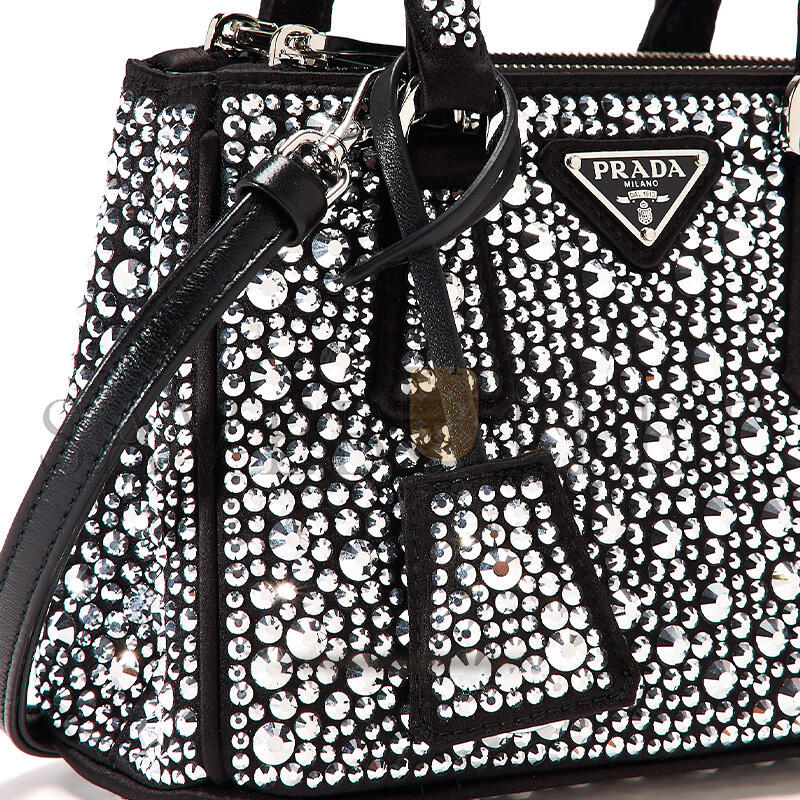 PRADA BLACK SATIN AND CRYSTAL MINI GALLIERA TOTE BAG 1BA906 (20*15*9.5cm)